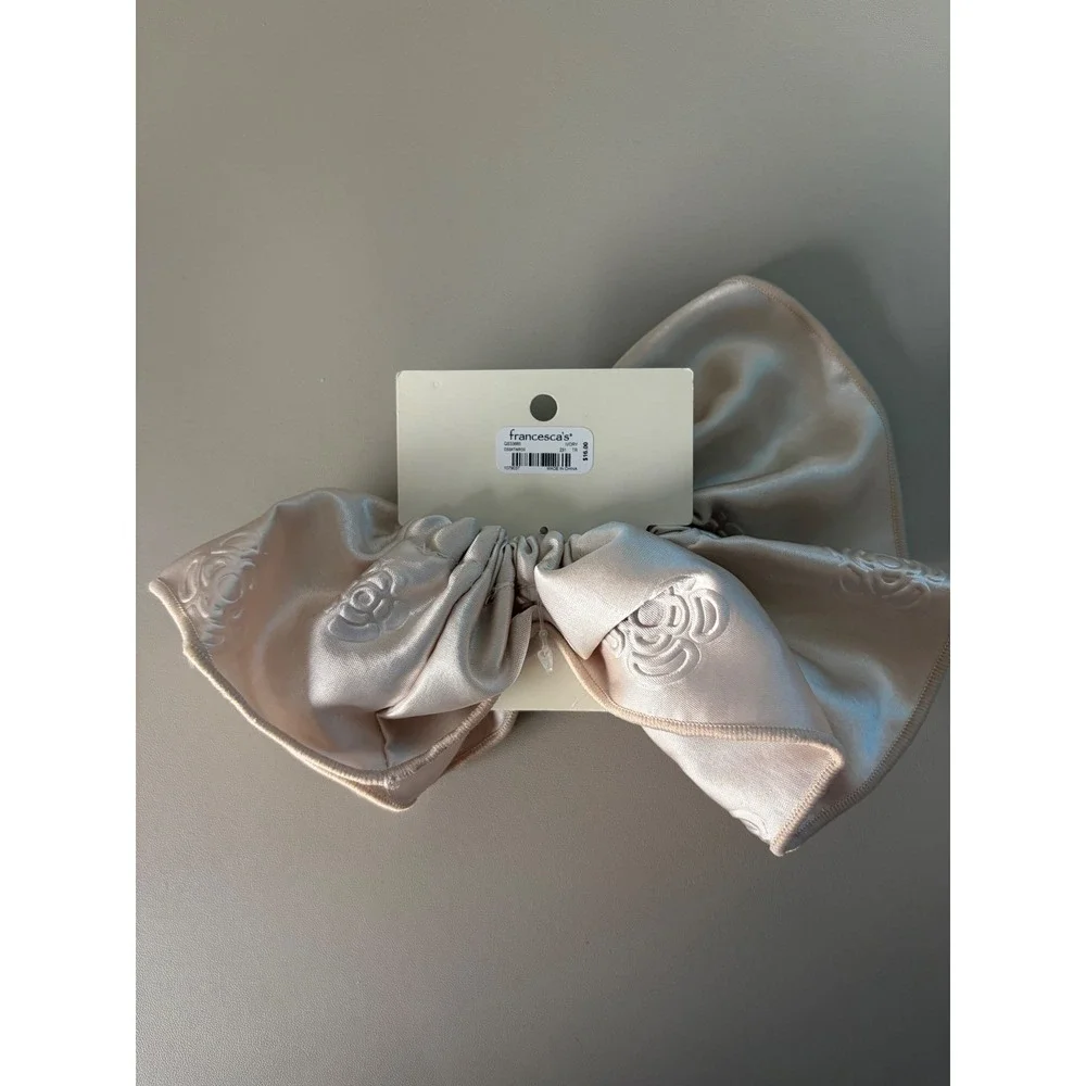 Francesca's Ivory Satin Oversized Bow Scrunchie Floral Embossed Hair Accessory